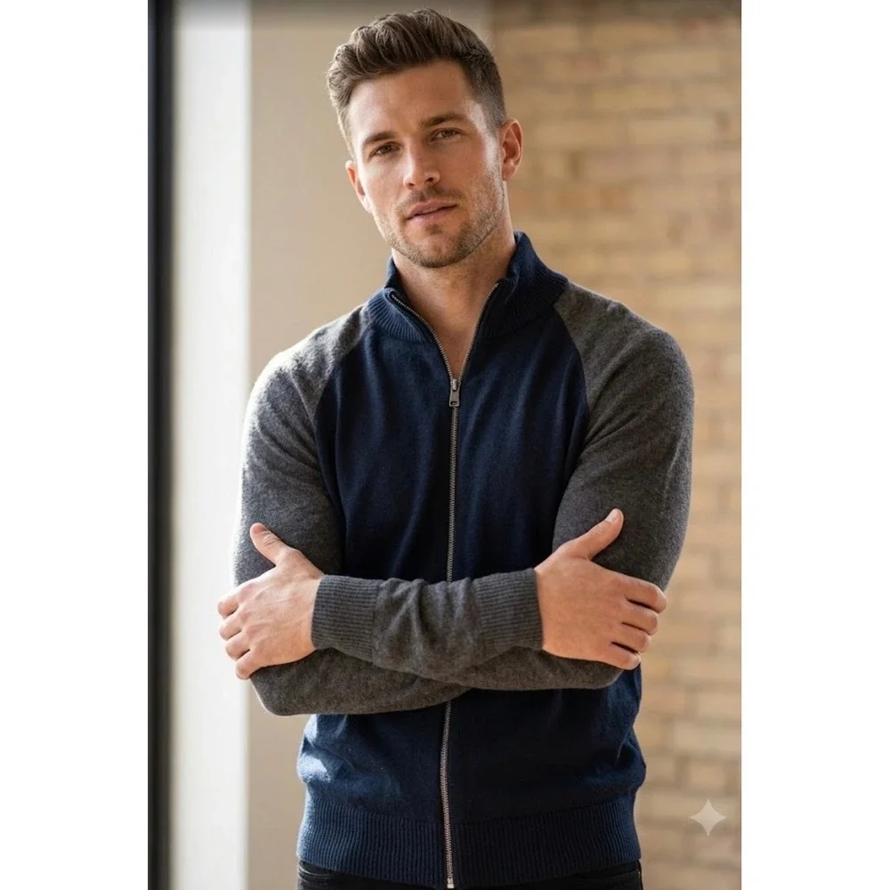 Banana‎ Republic Luxe Sweater Mens Medium Navy Blue Grey Full Zip Cardigan Mock